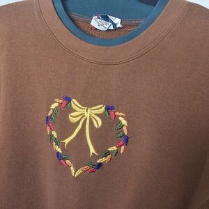 Vintage Bold Spirit Brown Embroidered Heart Wreath Sweatshirt Womens M‎ 90s Fall
